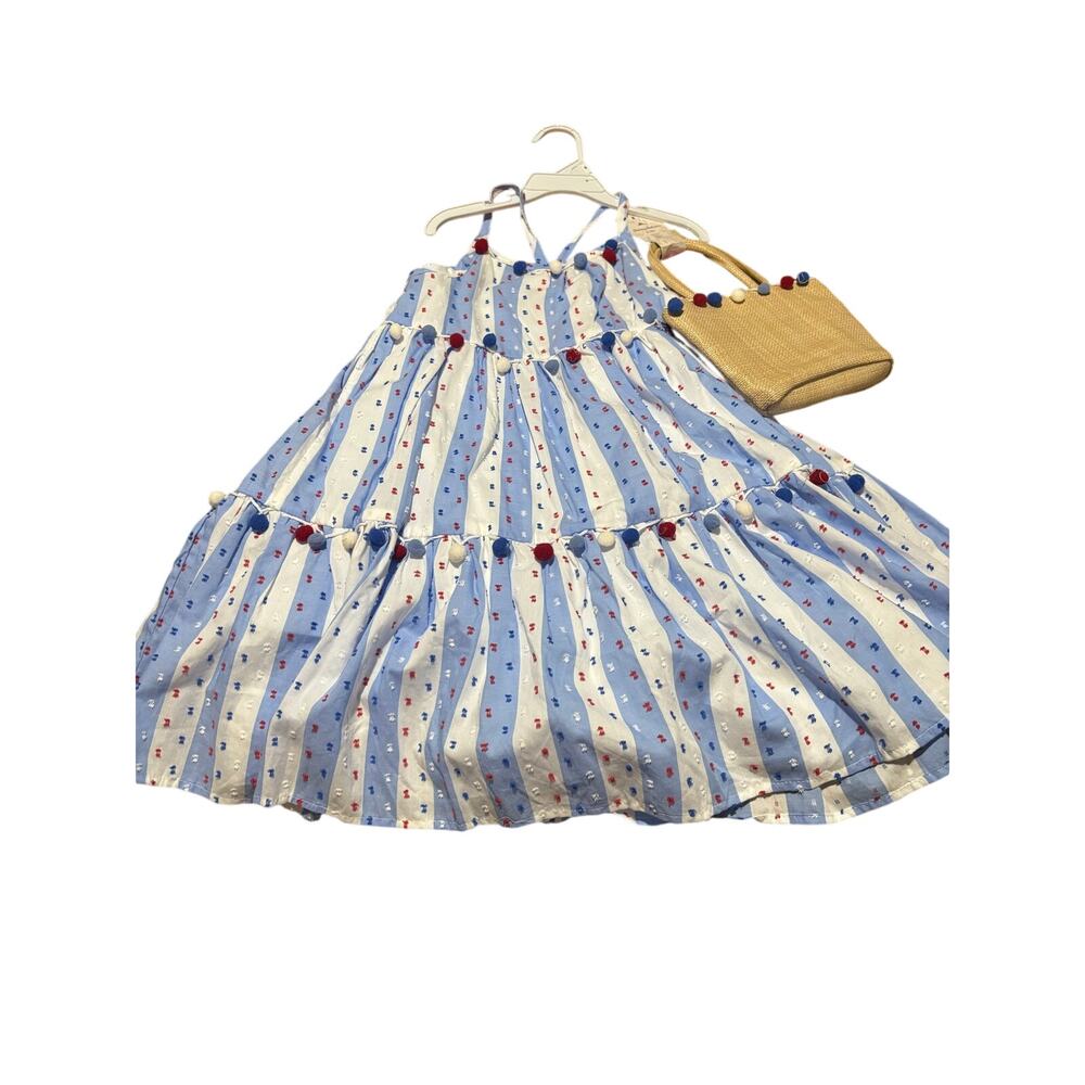 Tommy Bahama 8 blue white red maxi cross cross sundress w/straw purse set nwt